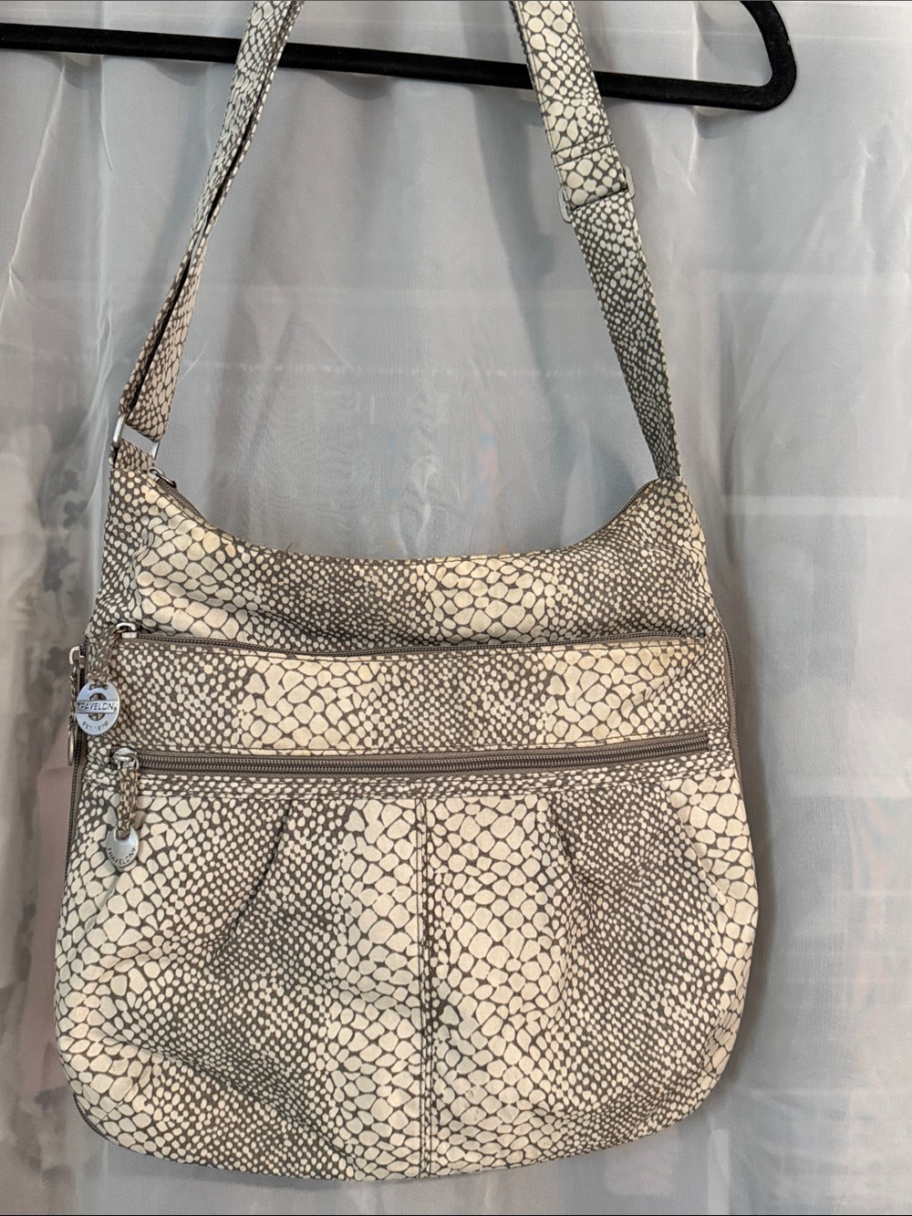 Travelon Cream and Taupe Snake-Print Shoulder Bag with Silver Accents